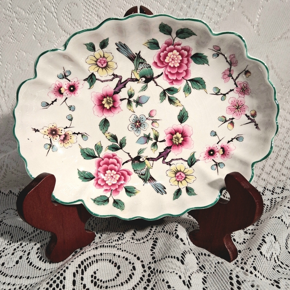 James Kent "Chinese Rose" Oval Scalloped Decorative Plate - Flowers & Birds 6248